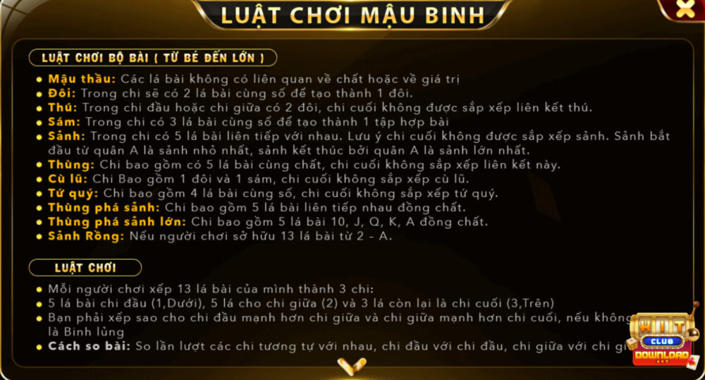 Luật chơi game Mậu Binh Hitclub cho người mới