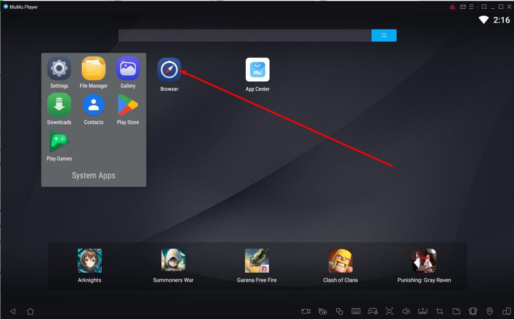 Để Cài app hitclub trên Laptop / Máy tính / PC bằng Mumu Player giả lập Android, bạn bấm chọn Browser truy cập vào trình duyệt web tìm link tải Hitclub